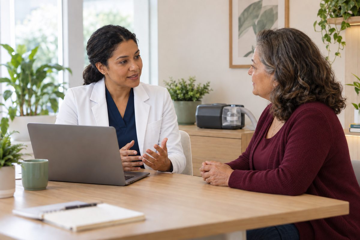Profissional e paciente conversam em uma clínica, com um laptop e um equipamento CPAP ao fundo.
