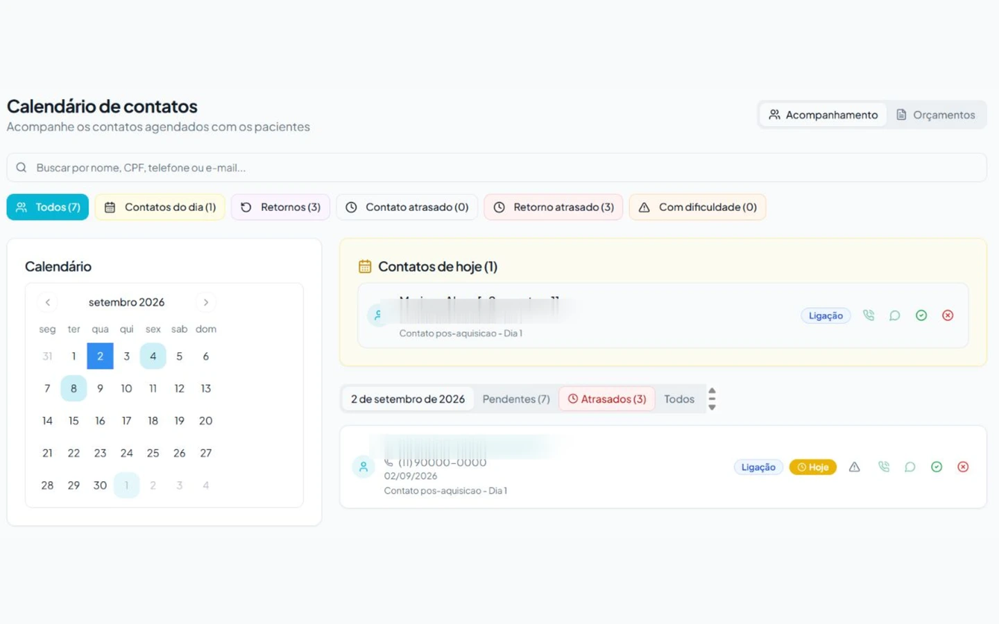 Calendário de contatos de adaptação com dados demonstrativos.