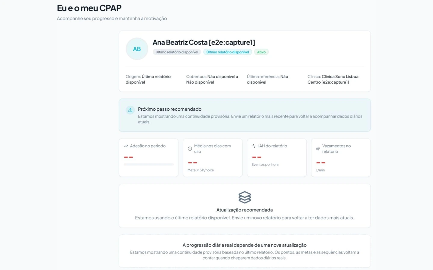 Portal do paciente em cenário demonstrativo, incluindo estado sem dados.